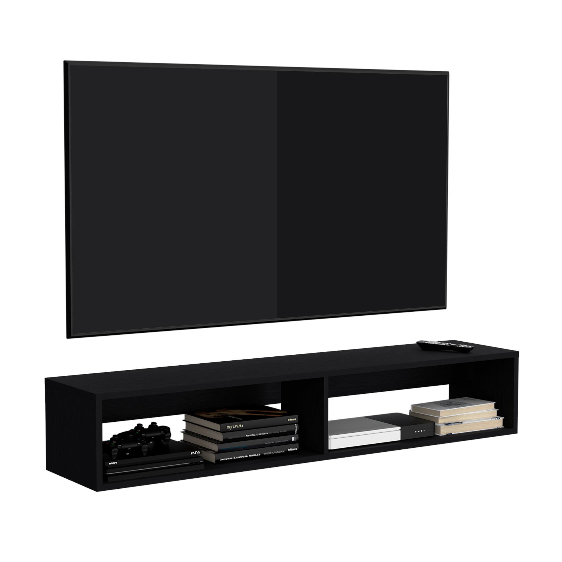 Warrior 59" Floating Tv Stand With Two Open Shelves, Media Compartments And Cable Management Black Primary Living Space 50 Inches 50 59 Inches Modern Particle Board