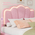 Full Size Upholstered Flower Shape Bed, Elegant Flowers Headboard With Led Light Strip ,Sherpa Fabric Platform Bed With Wooden Slats Support, Pink Full Pink Wood