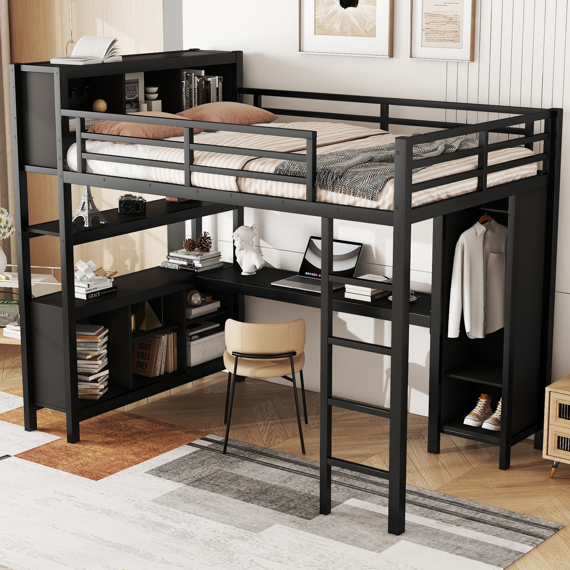 Metal Loft Bed With Wardrobe And L Shaped Desk, Full Size Loft Bed With Storage Cubes And Shelves, Heavy Duty Loft Bed For Kids Teens Adults, Black Full Black Metal