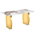 Modern Rectangular Table With Marble Patterned Rock Slab Tabletop, Paired With Stainless Steel Gold Plated Table Legs, Suitable For Kitchen, Dining Room, And Living Room 63 Inches * 31.4 Inches. Gold Sintered Stone