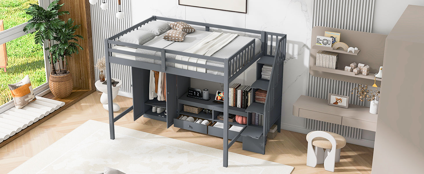 Full Size Loft Bed Frame With Wardrobe,Low Storage Table And Storage Staircase,Gray Gray Solid Wood Mdf