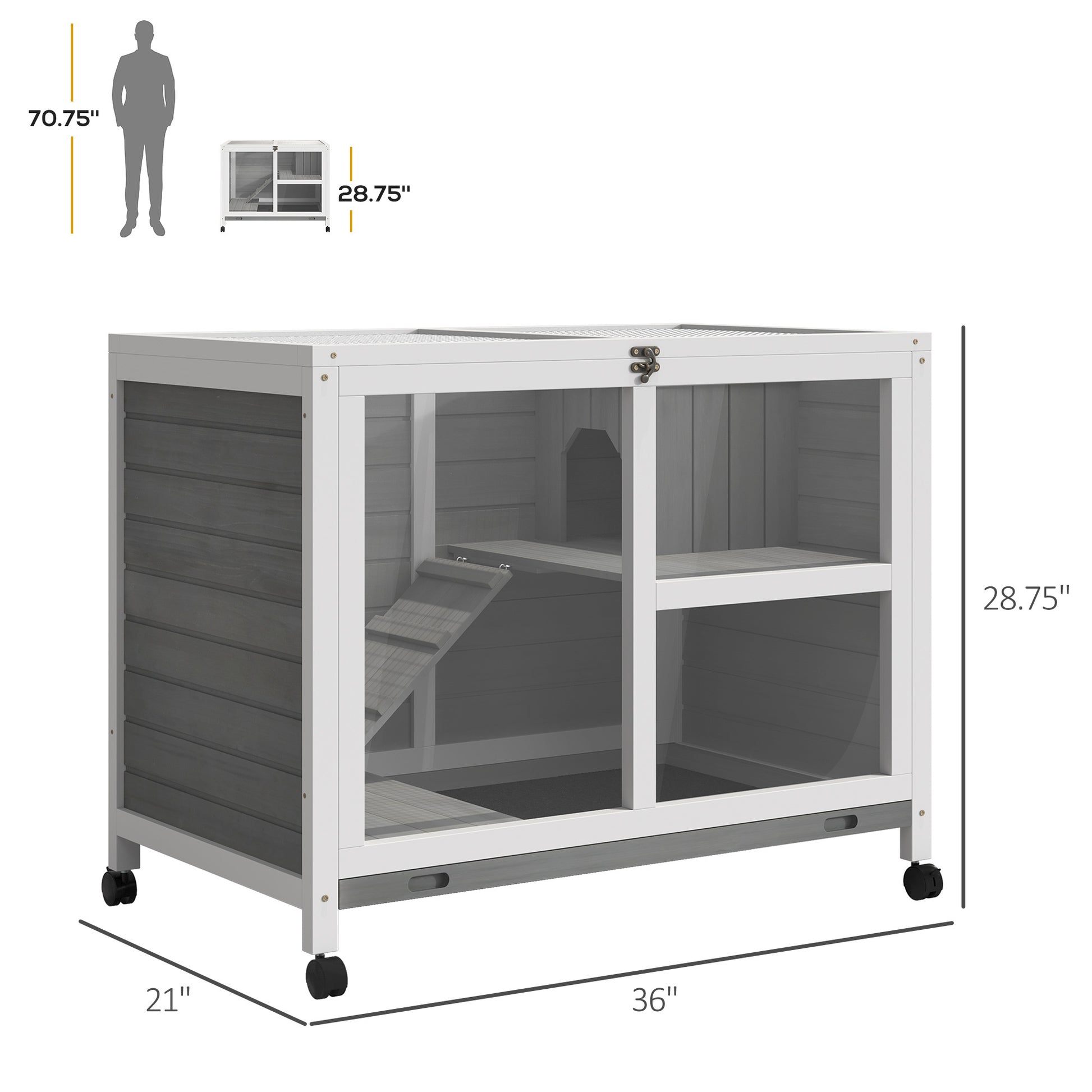 Pawhut Indoor Rabbit Hutch With Wheels, Desk And Side Table Sized, Wood Rabbit Cage, Waterproof Small Rabbit Cage, Gray Grey Wood