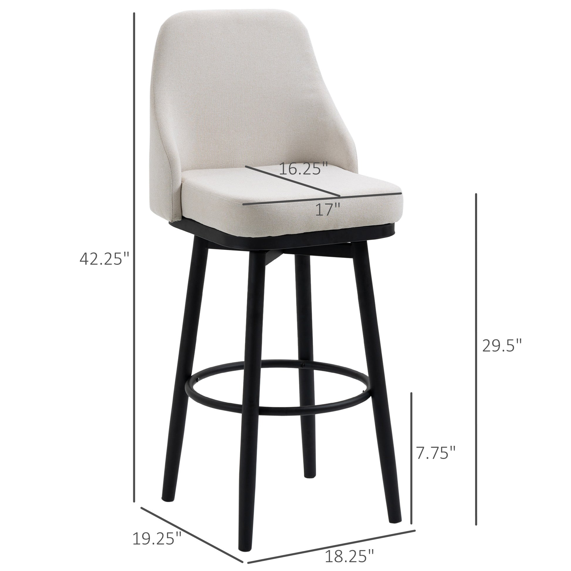 Homcom Bar Height Bar Stools Set Of 2, Modern 360 Swivel Barstools, 29.5 Inch Seat Height Upholstered Kitchen Chairs With Steel Legs And Footrest, Cream White Cream White Polyester