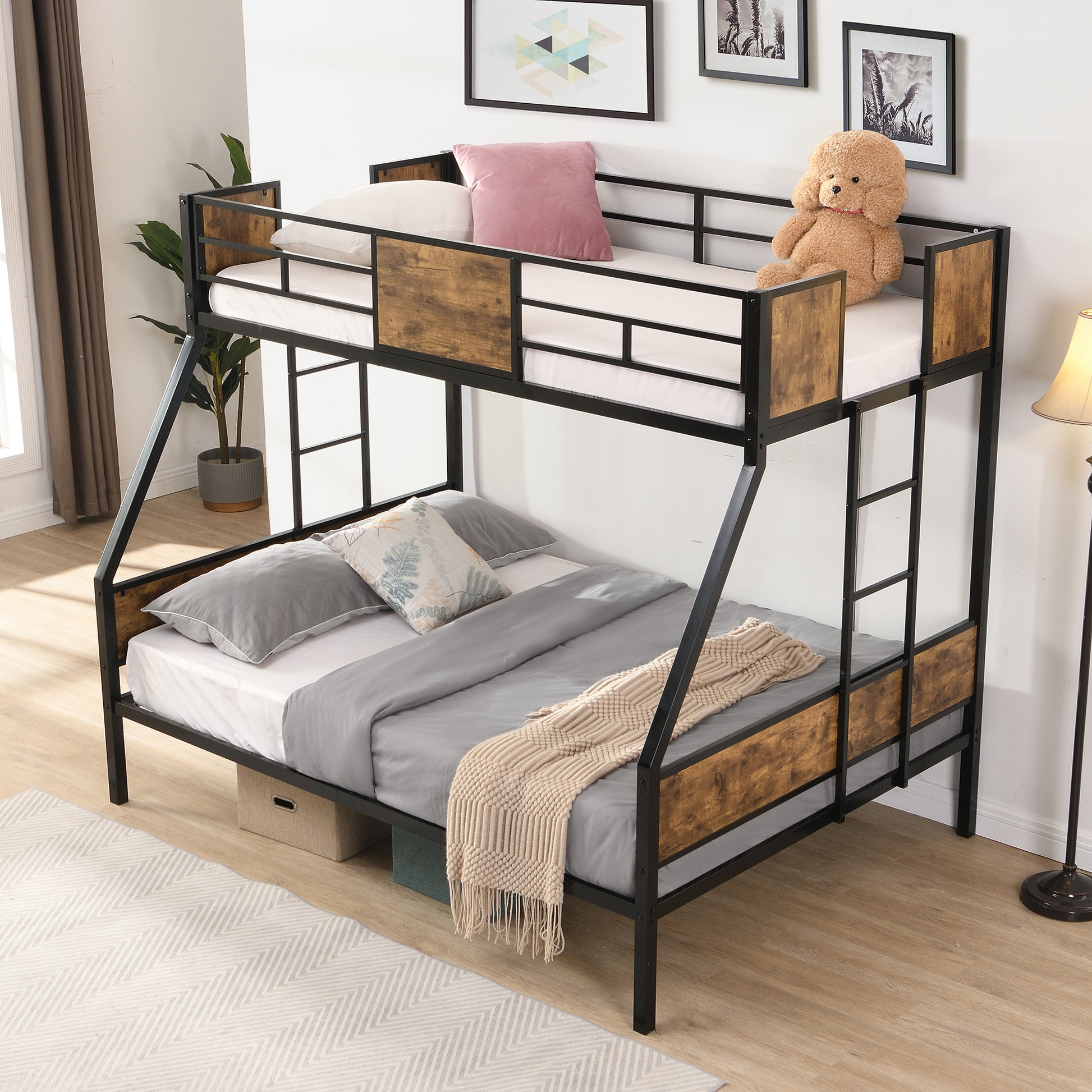 Twin Over Full Metal Bunk Bed With 2 Side Ladder And Full Length Guardrail, No Box Spring Needed, Large Under Bed Storage, Easy Assembleblack & Brown Full Black Brown Mdf Metal