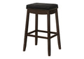 Bar Stool, Set Of 2, Bar Height, Saddle Seat, Brown Wood, Black Leather Look, Transitional Espresso Foam Solid Wood