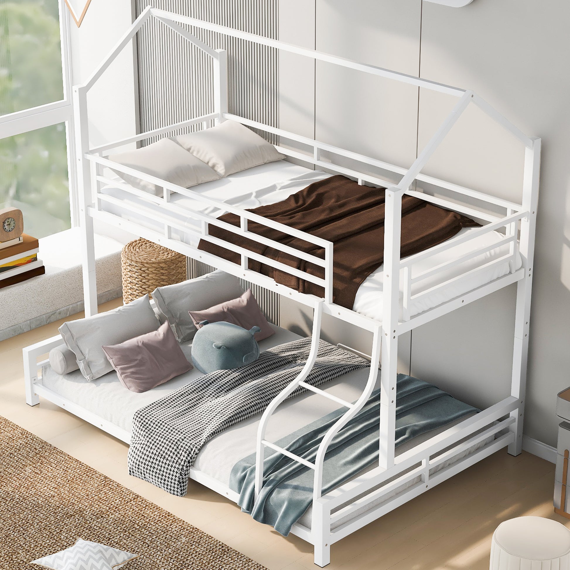 Metal House Bunk Bed, Twin Over Full, White Full White Metal