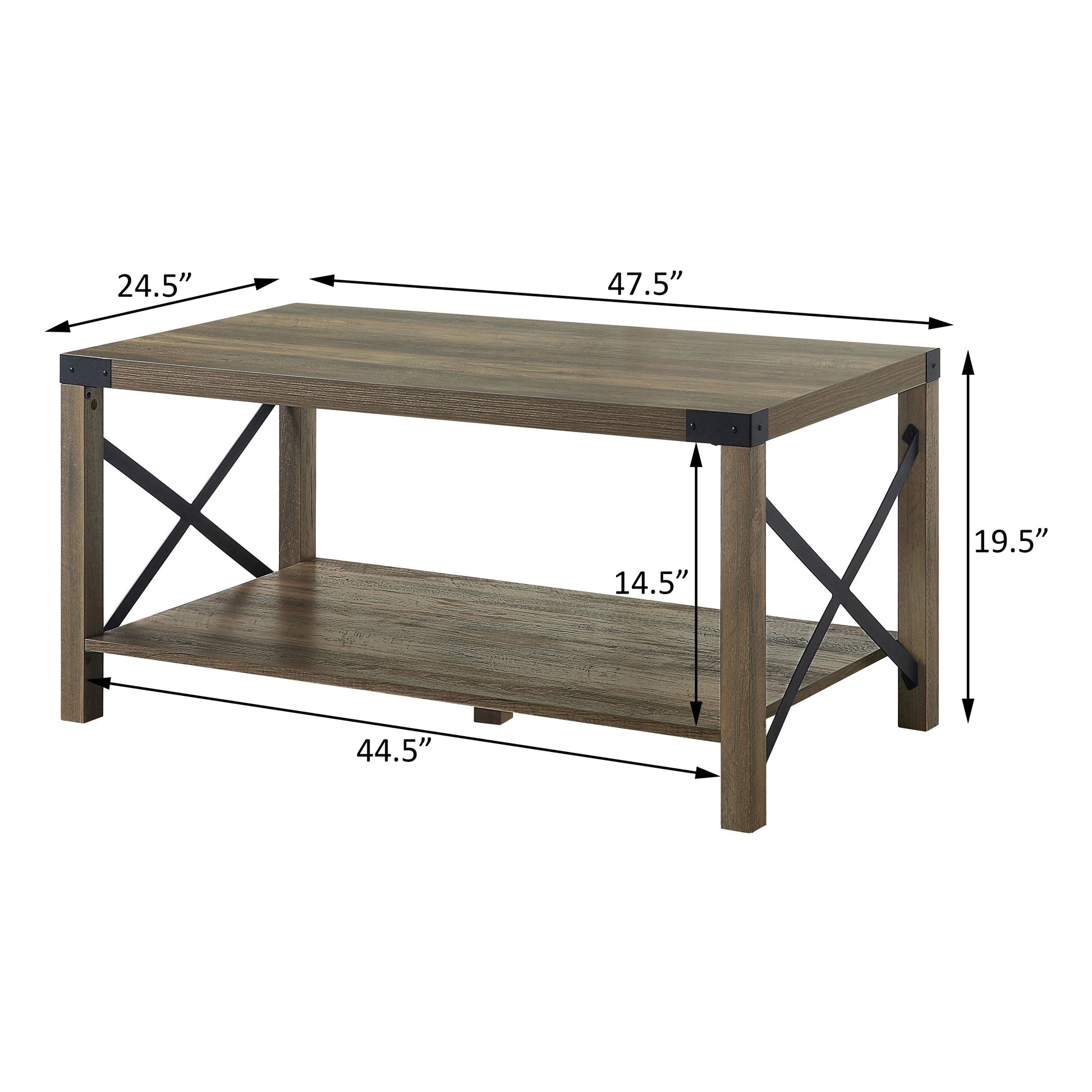 Rustic Oak Coffee Table With Bottom Shelf Rustic Primary Living Space Shelves Rectangular Wood Metal