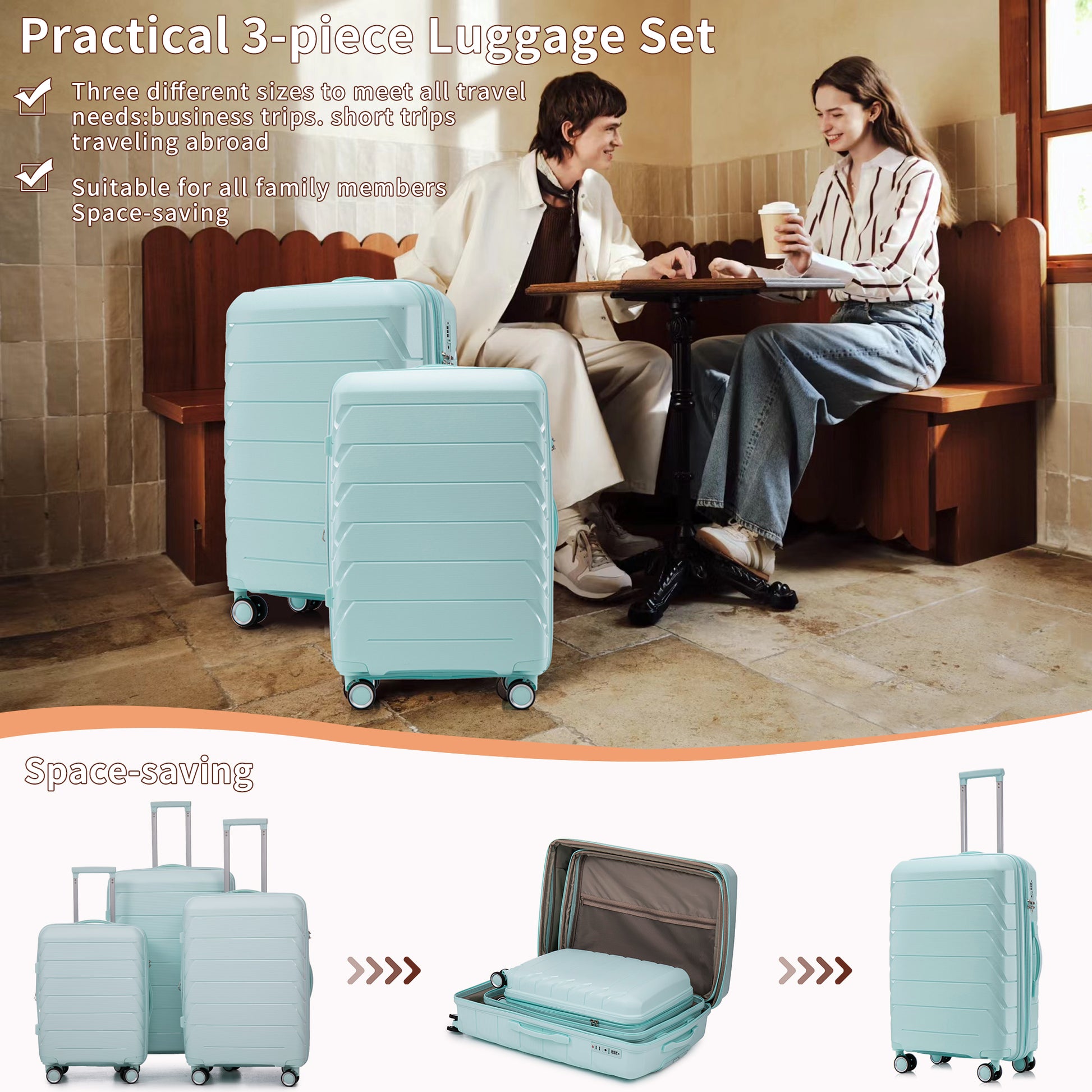 Pp Luggage Sets 3 Piece 20 24 28 , Expandable Carry On Luggage With Tsa Lock Airline Approved, Pp Materials Hard Shell And Lightweight Suitcase With Spinner Wheels Mint Green Mint Green