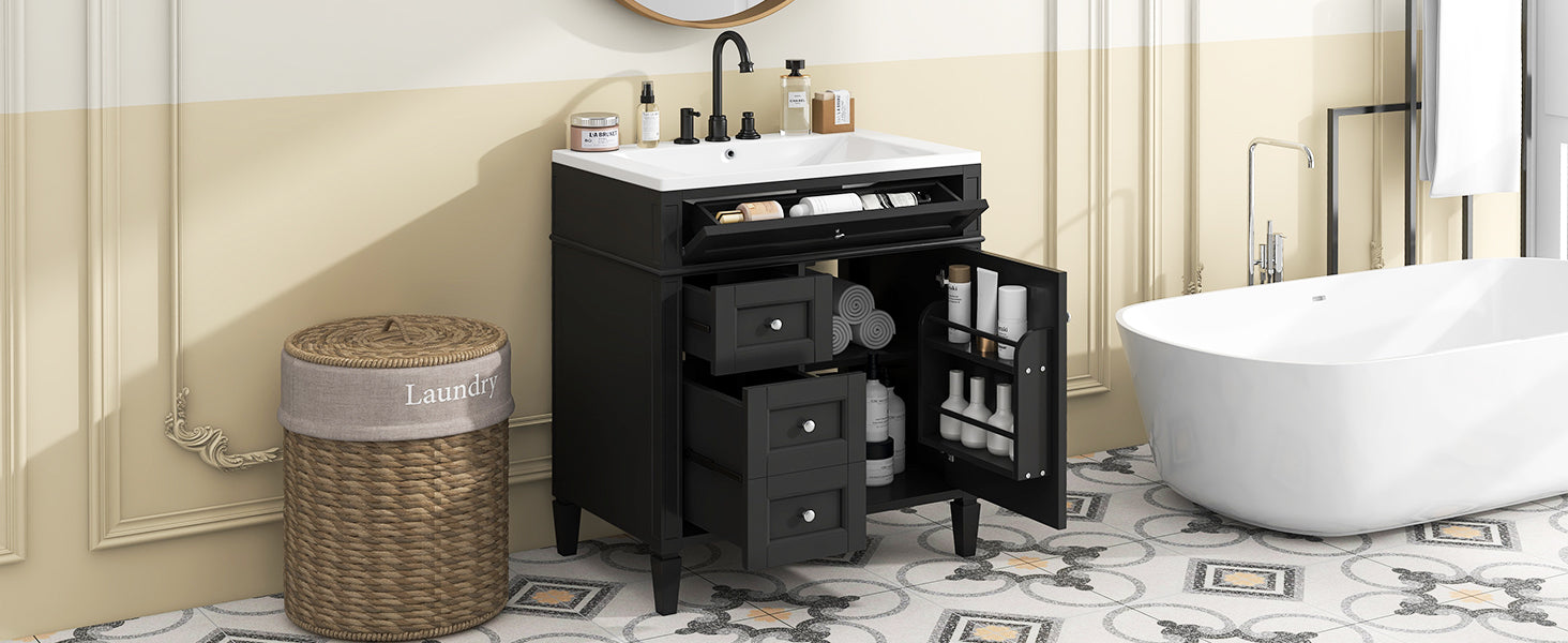 30'' Bathroom Vanity With Top Sink, Modern Bathroom Storage Cabinet With 2 Drawers And A Tip Out Drawer, Single Sink Bathroom Vanity Black Bathroom Solid Wood Mdf