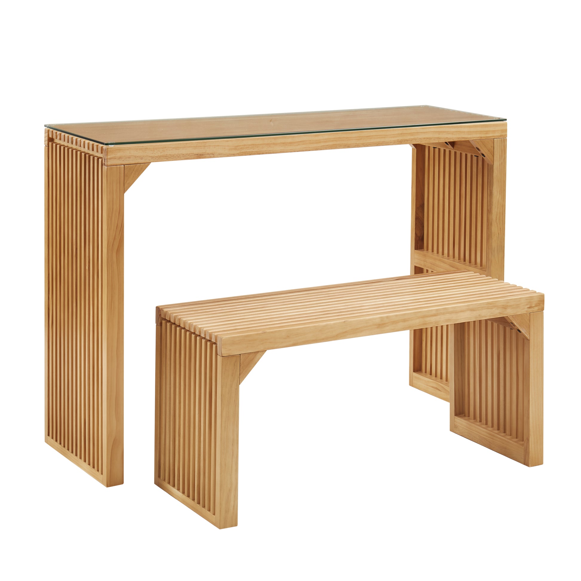 Dining Bench And Table, Pine Indoor Wood Bench For Entryway,Living Room,Kitchen And Bedroom Table And Bench Set Nature, Long Bench & Table Tempered Glass Included Natural Pine