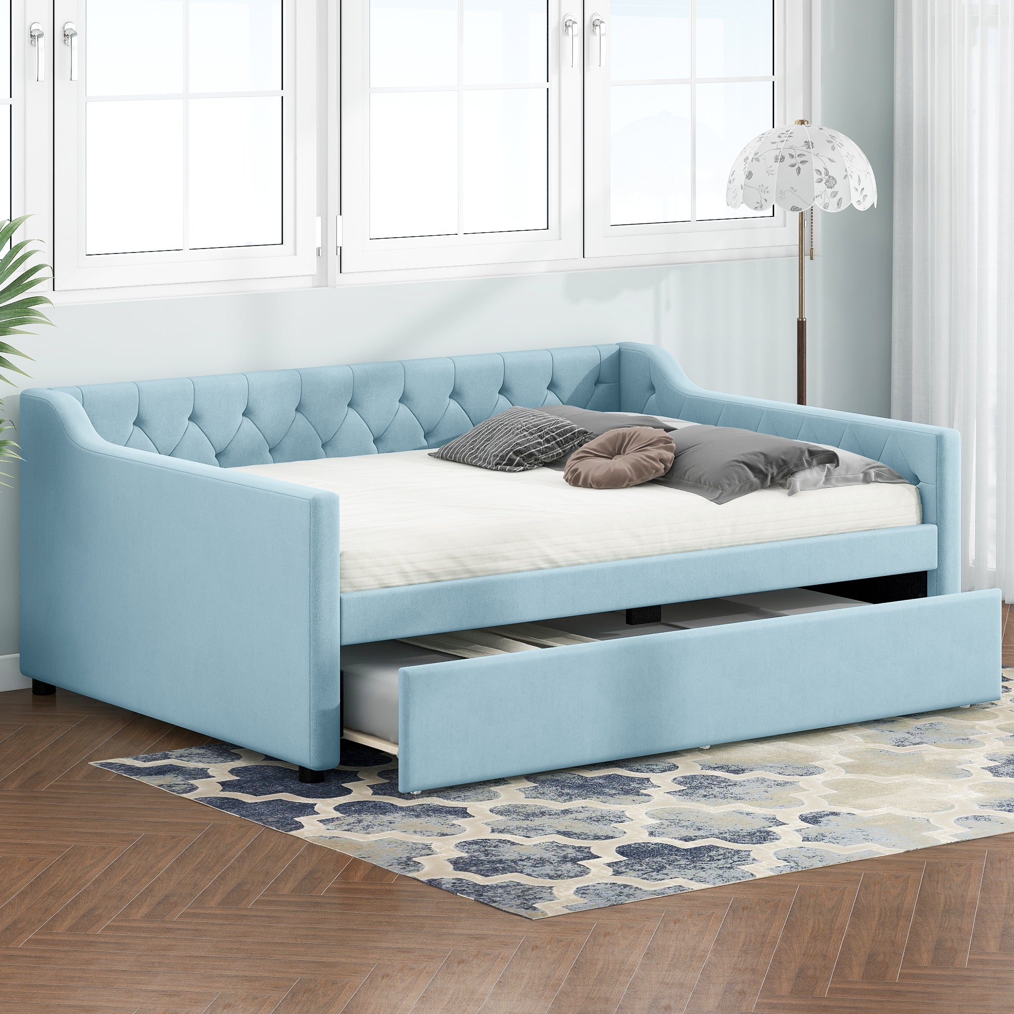 Full Size Upholstered Tufted Daybed With Twin Size Trundle, Blue Box Spring Not Required Full Blue Wood Daybeds Velvet Upholstered