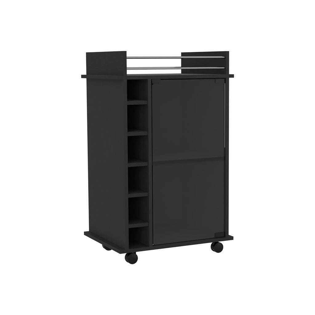 32" H Black Bar Coffee Cart, Kitchen Or Living Room Cabinet Storage With With 4 Wheels, With 6 Bottle Racks, A Central Shelf Covered By 1 Glass Door, 1 Support Surface With Aluminum Front. Black Particle Board Particle Board