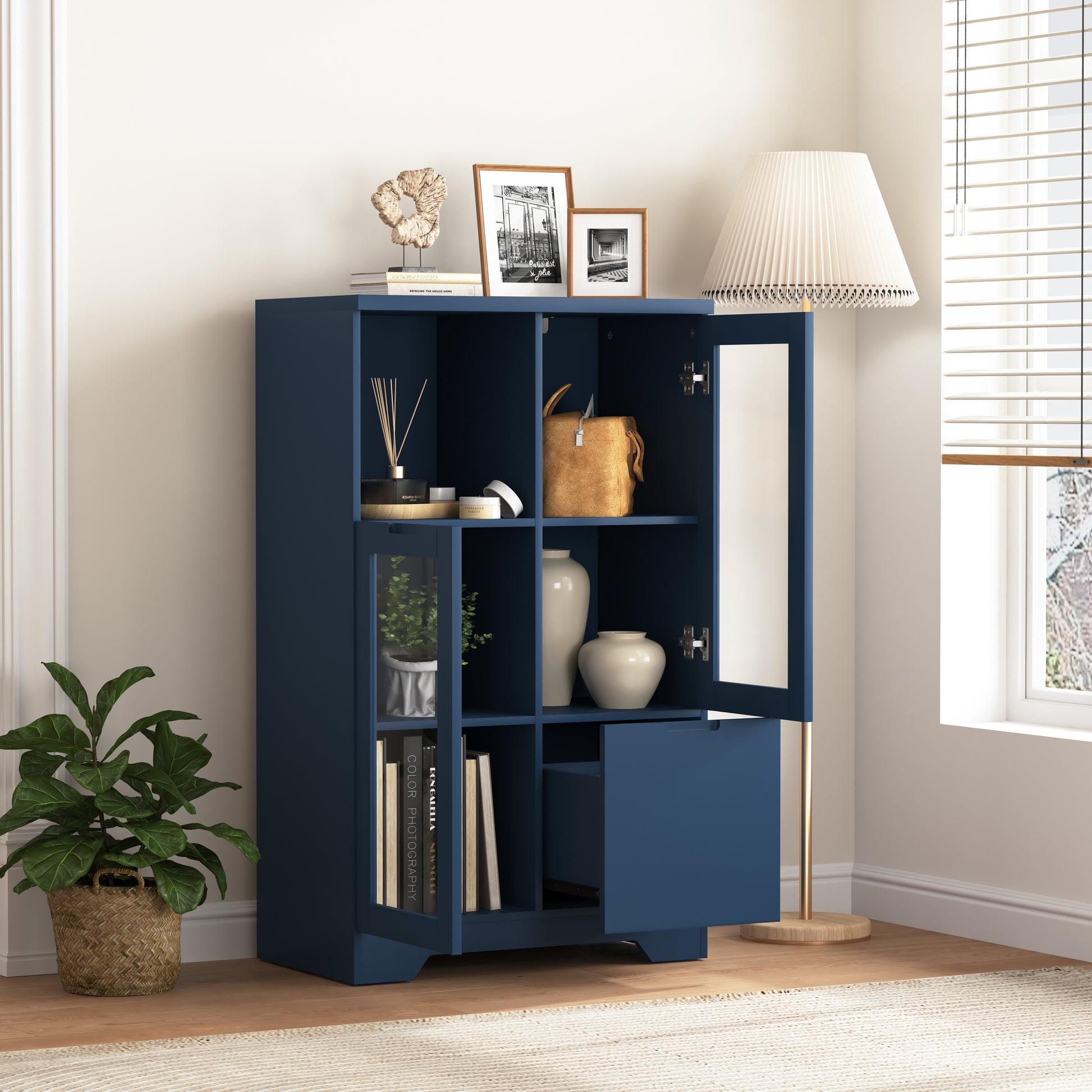 Wooden Floor Cabinet With 2 Glass Doors And 2 Storage Space,Blue Living Room Bathroom Entryway Blue Mdf