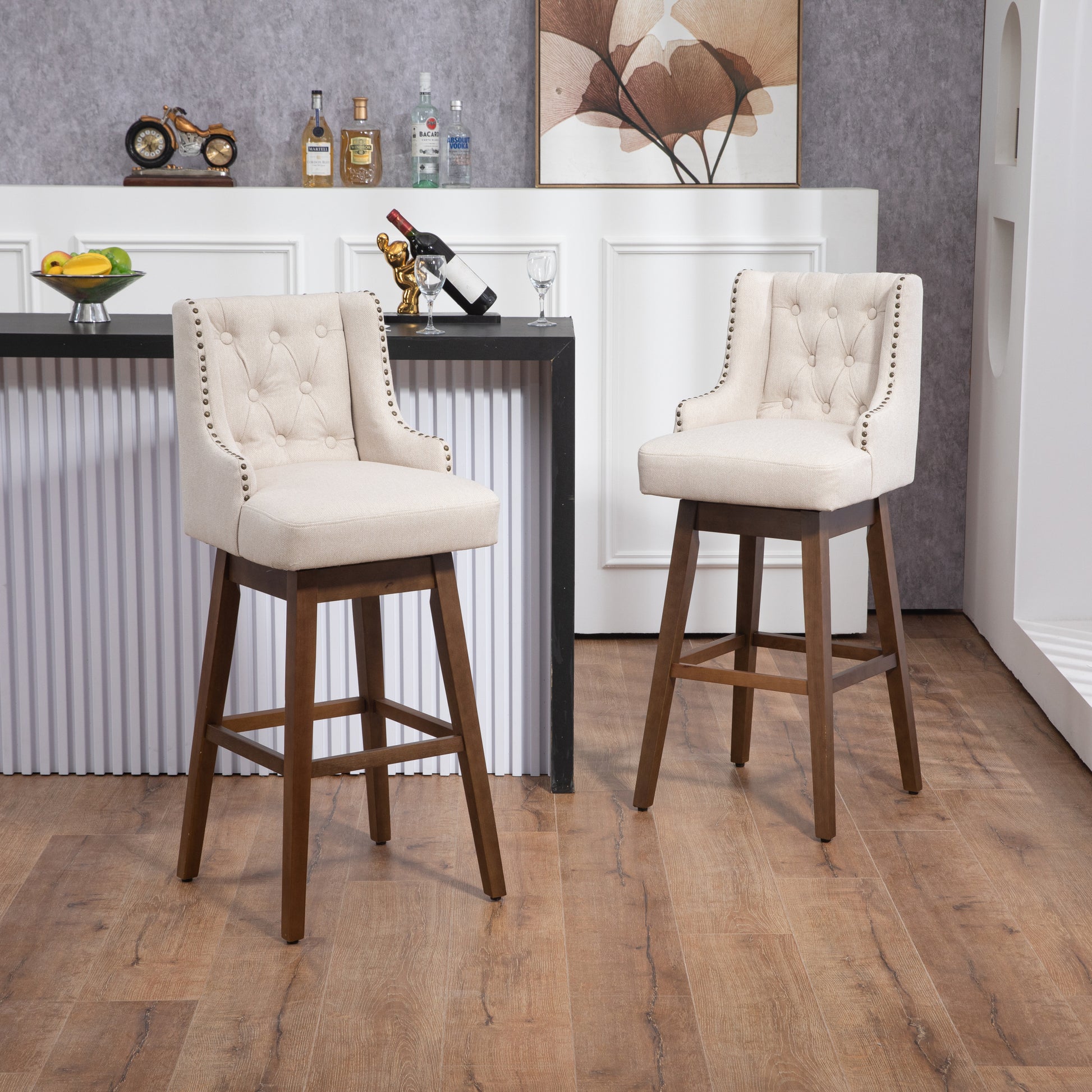 Coolmore Bar Stools Set Of 2 Counter Height Chairs With Footrest For Kitchen, Dining Room And 360 Degree Solid Wood Legs Swivel Bar Stools Set Of 2 Beige Linen Beige Foam Linen