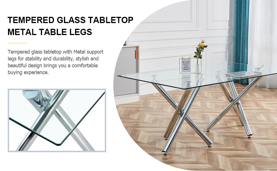 Table And Chair Set.Large Minimalist Rectangular Glass Dining Table For 6 8 With 0.39" Tempered Glass Tabletop And Silver Chrome Metal Legs.Paried With Comfortable Chairs With Pu Seats And Metal Legs. Silver Seats 8 Glass Metal