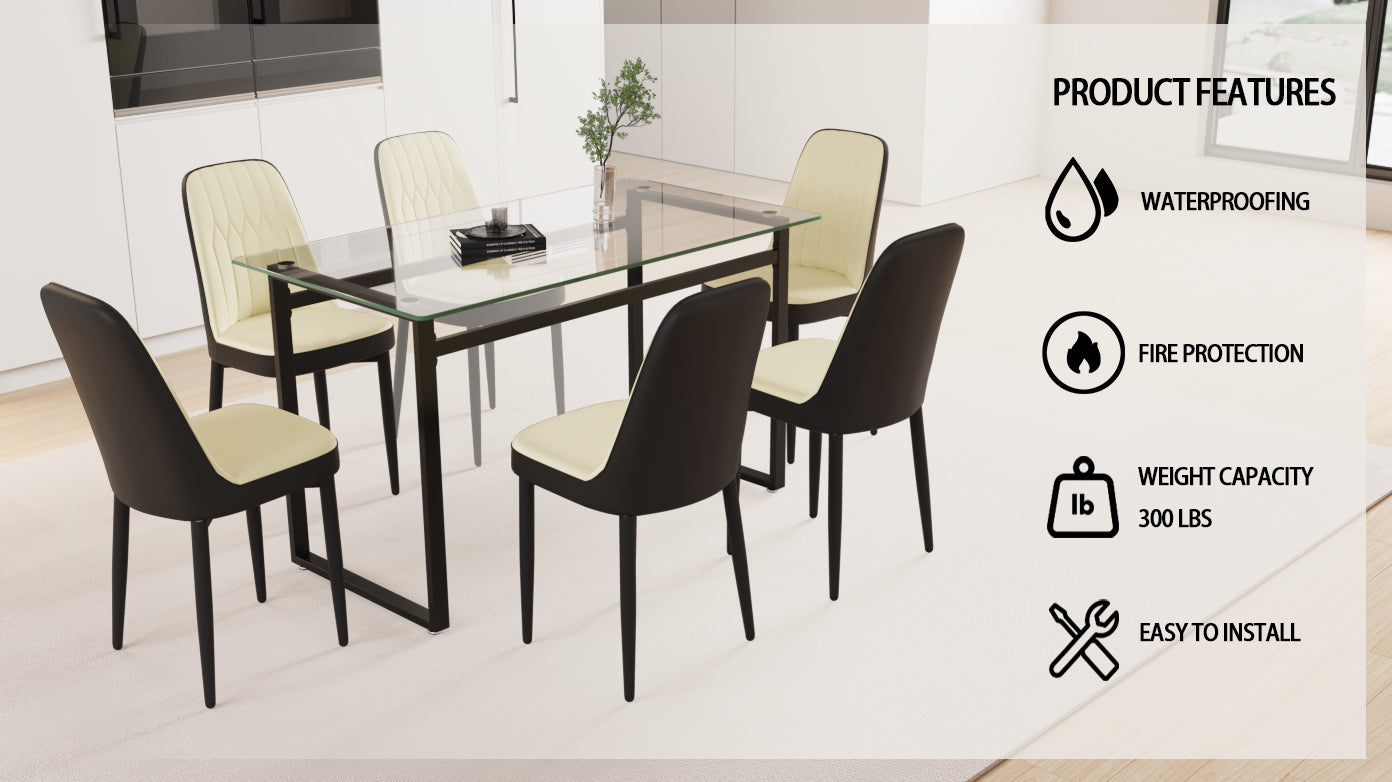 51" 6 Person Glass Dining Table Set, Kitchen Set With Black Metal Leg Dining Table And Chairs, Modern Rectangular Tempered Glass Tabletop And Dining Room Thick Cushioned Pu Dining Chair Beige Black