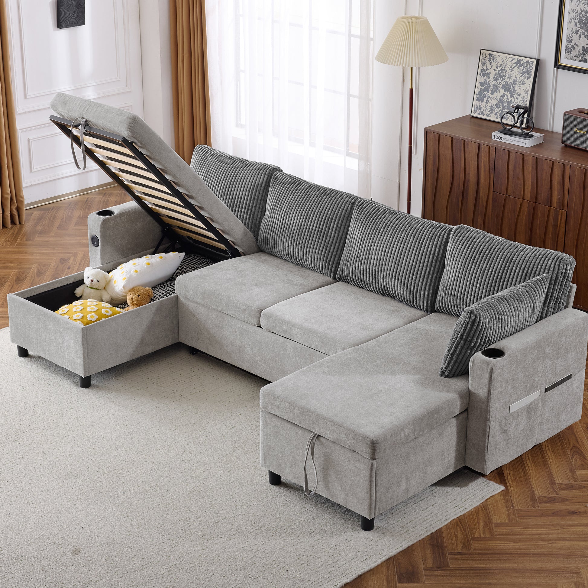 111.8" Sectional Sofa Pull Out Sofa Bed Versatile Sofa Sleeper With Large Storage Space, Two Usb Ports And Two Cup Holders For Living Room, Grey Grey Foam Chenille 4 Seat