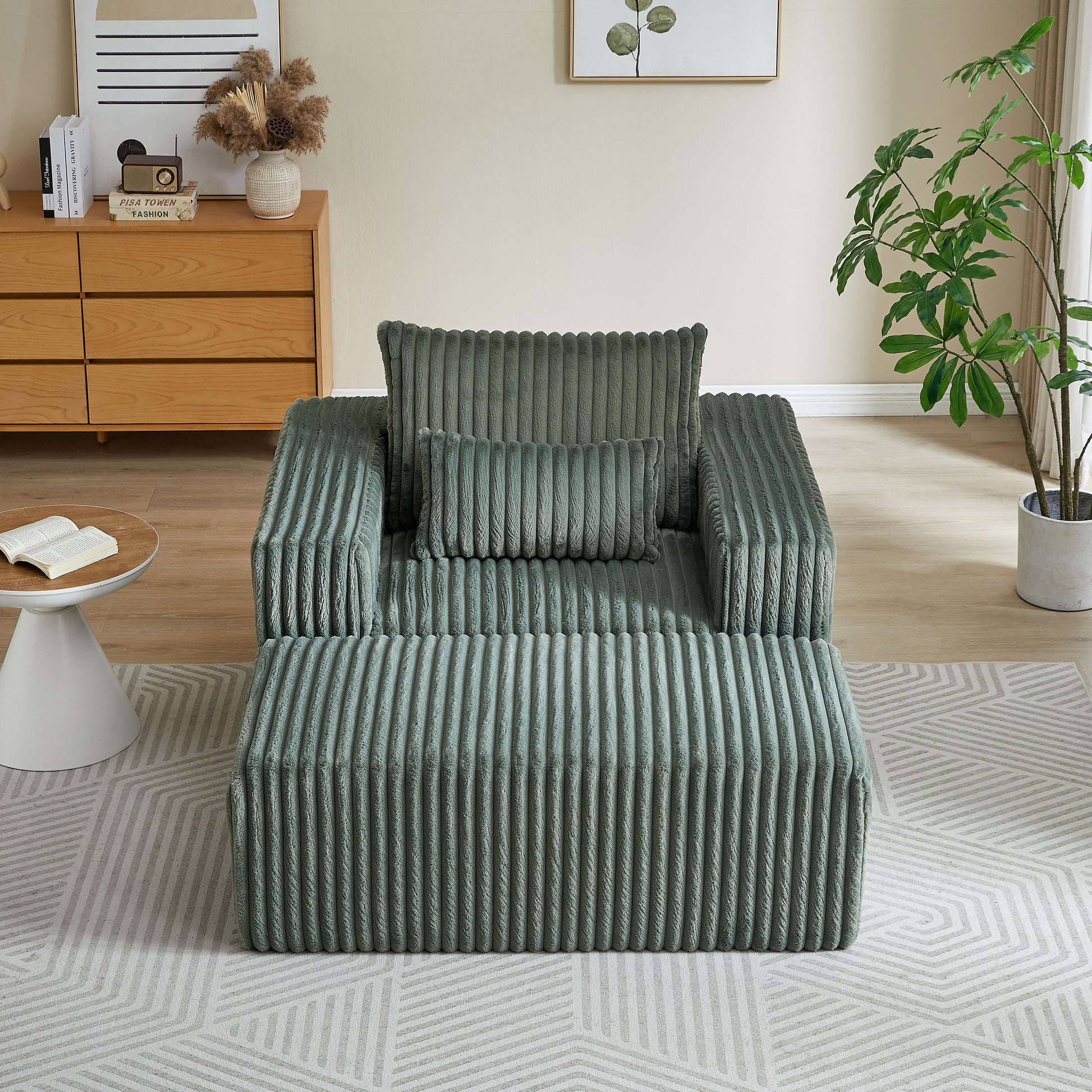 62.5 Inch Corduroy Sponge Sofa Lounge Chair With Removable Footrest,No Assembly Required,Fluffy Modern Sleeper Chair For Indoor Living Room Bedroom Army Green Foam Corduroy 1 Seat