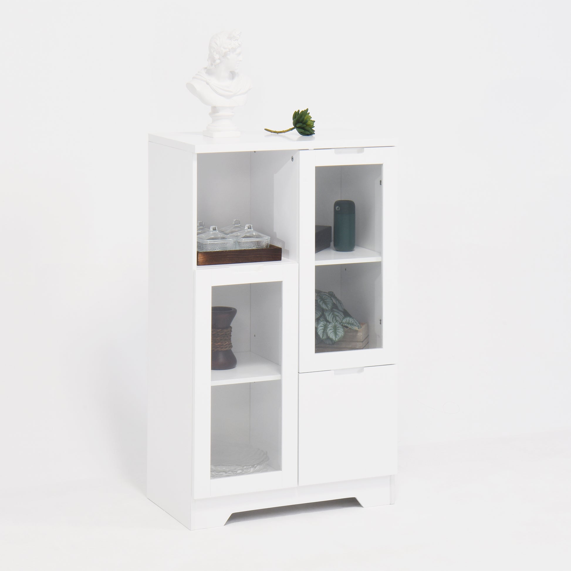 Wooden Floor Cabinet With 2 Glass Doors And 2 Storage Space,White ,Living Room Bathroom Entryway White White Mdf