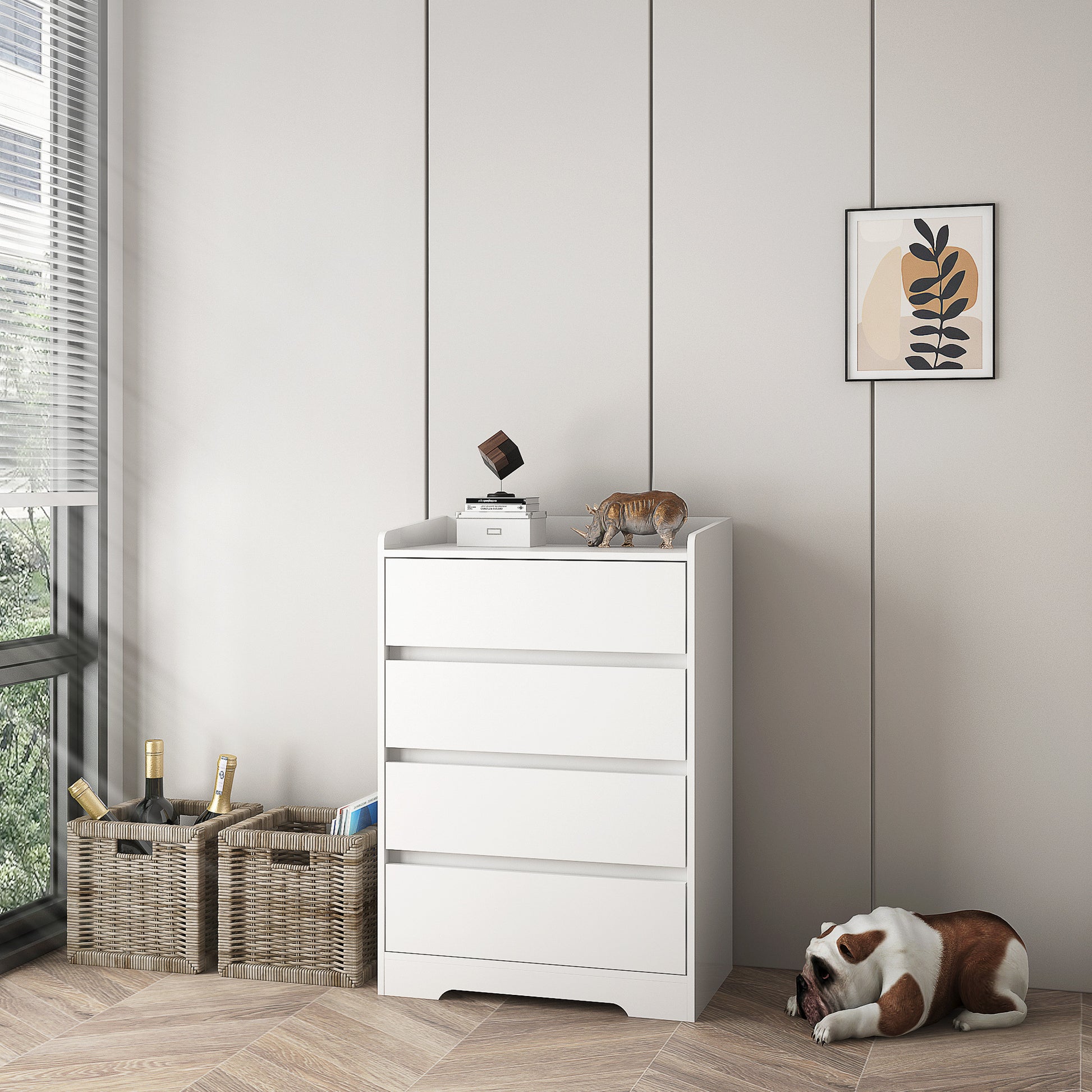 4 Drawer Dresser, Chest Of Drawers Without Handle, White Dresser For Bedroom 100% Waterproof, Modern Wooden Cabinet With Sturdy Frame For Living Room, Entryway, Bedroom, Hallway, Office White Mdf