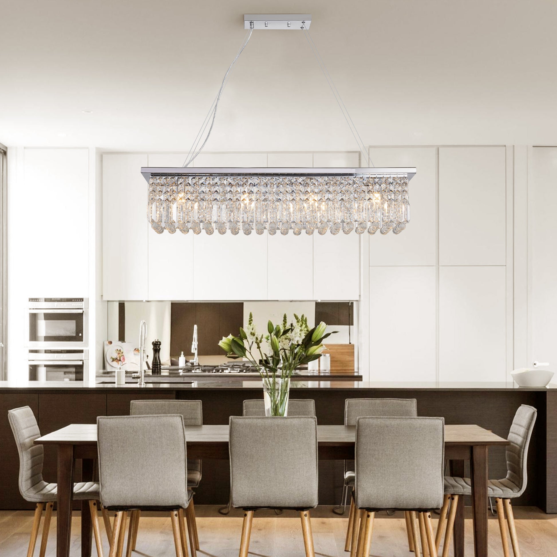 Modern Crystal Chandelier For Dining Room 8 Light White Rectangle Raindrop Chandelier Contemporary Rectangular Pendant Light Fixture For Kitchen Island Bar L39.4'' X W9.8'' X H8.7' Bulb Not Included Chrome Crystal Iron