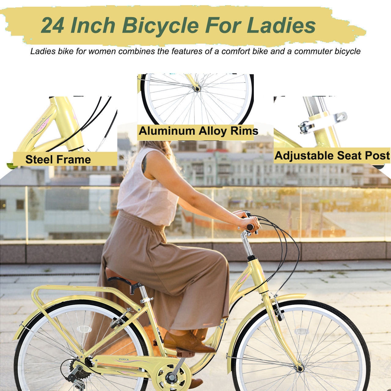 24 womens bicycle 7 Speed, Steel Frame, Multiple Colors 24 Inch Ladies Bicycle Cycling Yellow Garden & Outdoor Steel