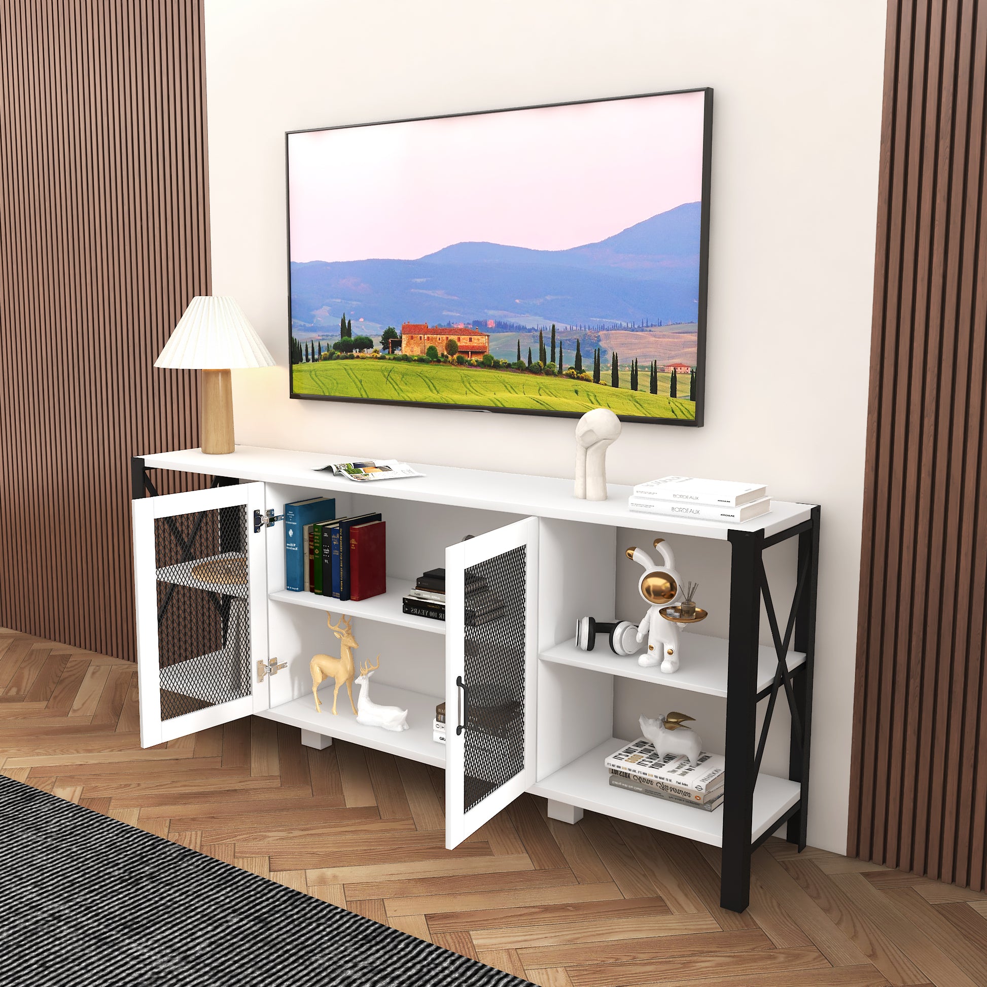 Tv Stands For Living Room, Industrial Tv Stand For Bedroom Furniture, Farmhouse Tv Stand 80 Inch Television Standmodern Horizontal Wood And Metal Open Bookshelf White 70 79 Inches Particle Board Mdf