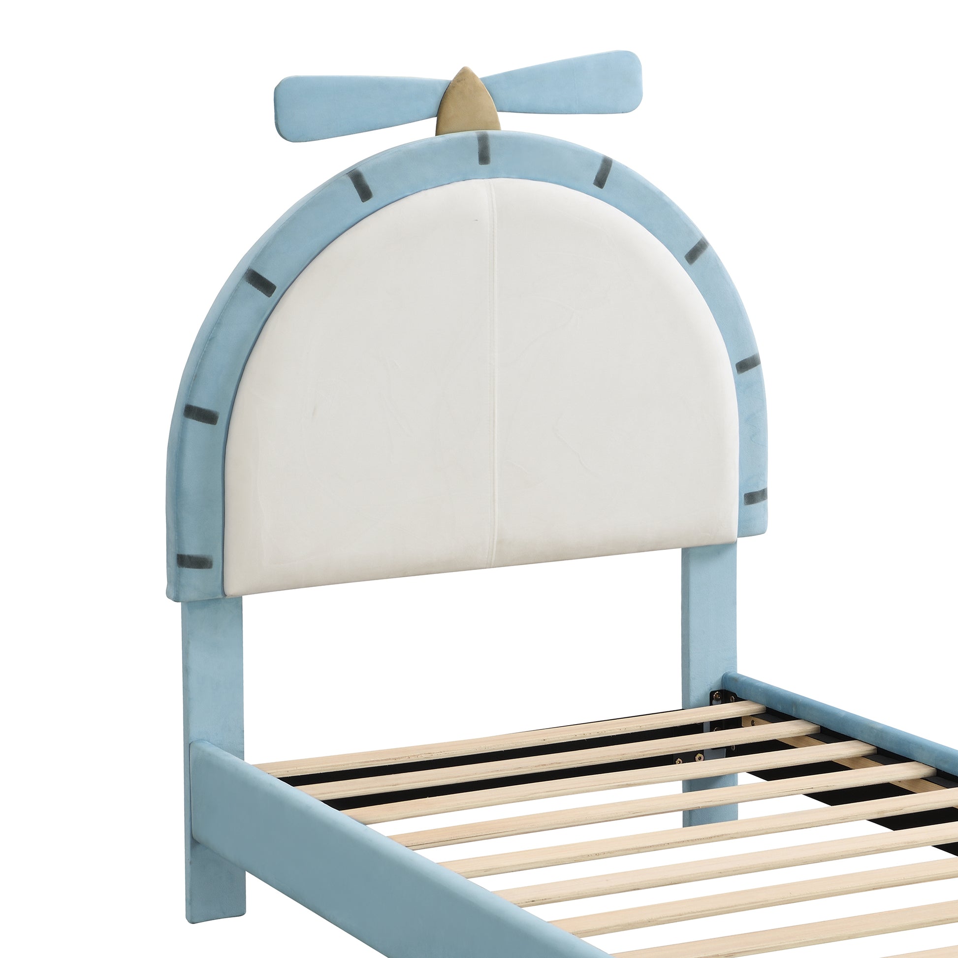 Twin Size Upholstered Platform Bed With Alarm Clock Shaped Headboard, Blue Box Spring Not Required Twin Blue Wood Bedroom Bed Frame Velvet Upholstered