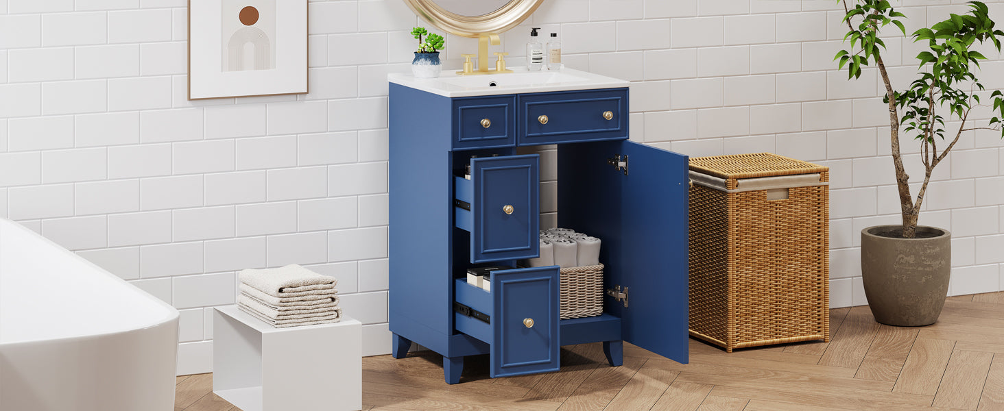 24 Inch Bathroom Vanity Cabinet With Ceramic Sink, 2 Drawers, 1 Door Blue Bathroom Solid Wood Mdf