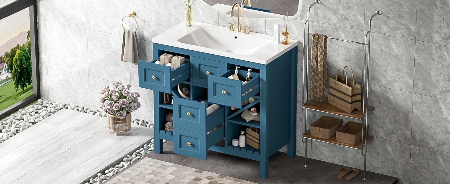 36'' Bathroom Vanity With Resin Sink Combo, Solid Wood Frame Bathroom Storage Cabinet, Freestanding Vanity Set With 5 Drawers& Soft Closing Doors Same As Sw000141Aam Blue Bathroom Solid Wood Mdf Resin