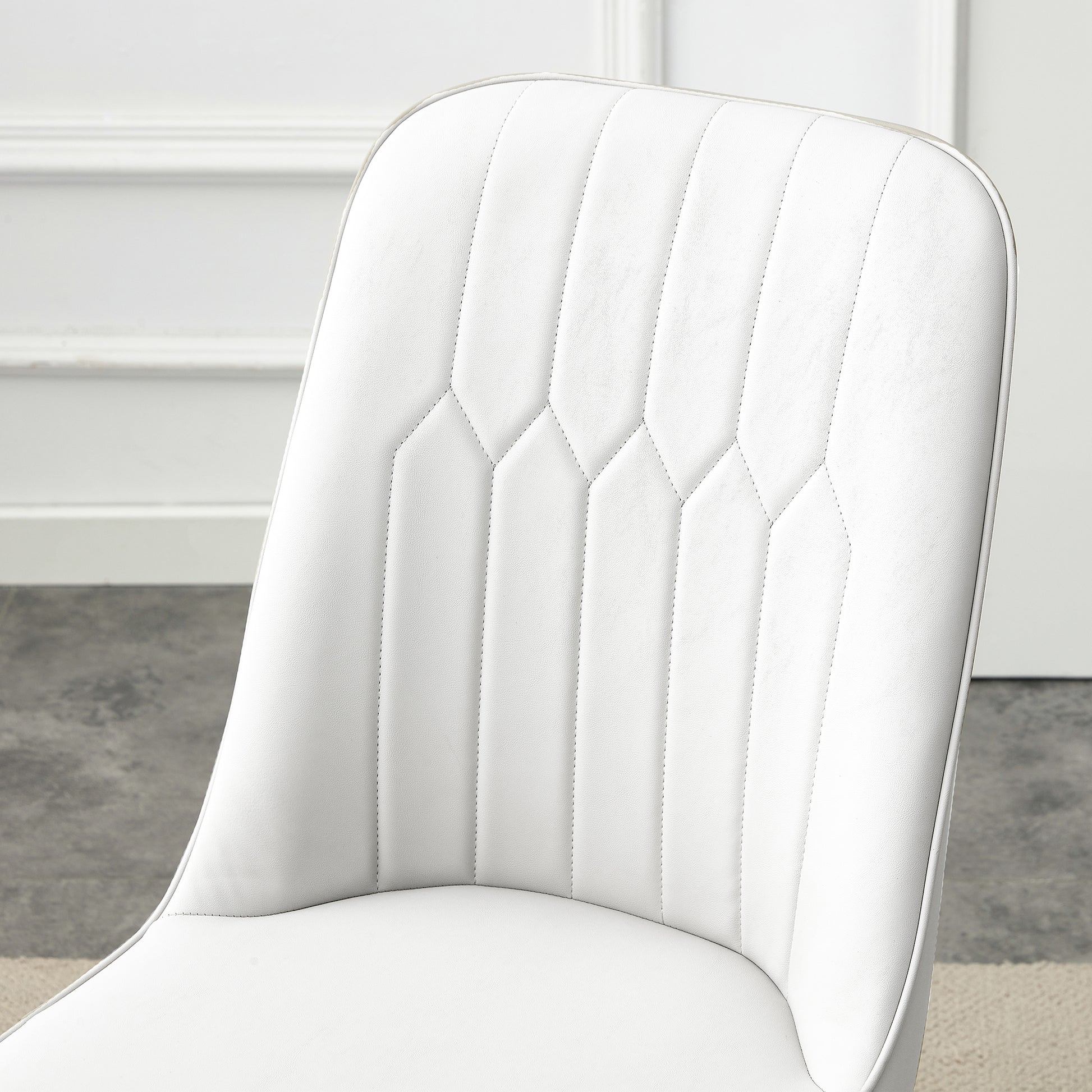 Table And Chair Set.The Table Has A Glass Top With Imitation Marble Pattern Stickers And Stainless Steel Golden Legs. Paried With Chairs With Pu Artificial Leather Backrest Cushions And Black Legs. White Gold Seats 6 Glass Metal