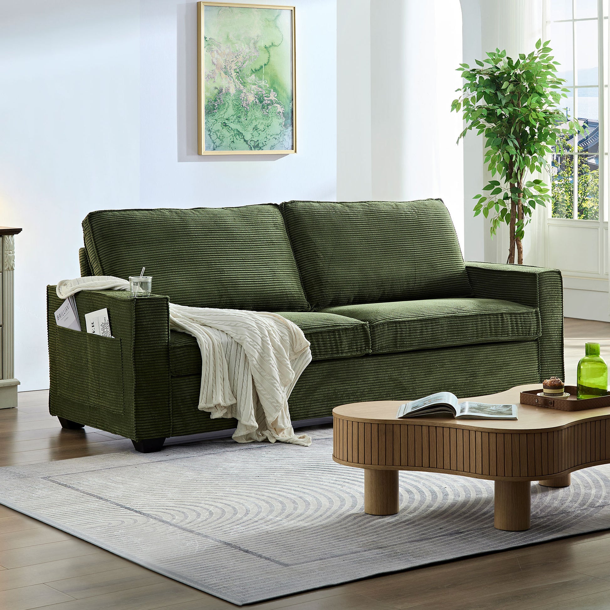 Corduroy Sofa, 87.4 Inch Modern Design Sofa With Cup Holder And Storage Bags, Deep Seat Sofa Couch,Comfy Couch For Living Room,Apartment,Green Green Corduroy 3 Seat