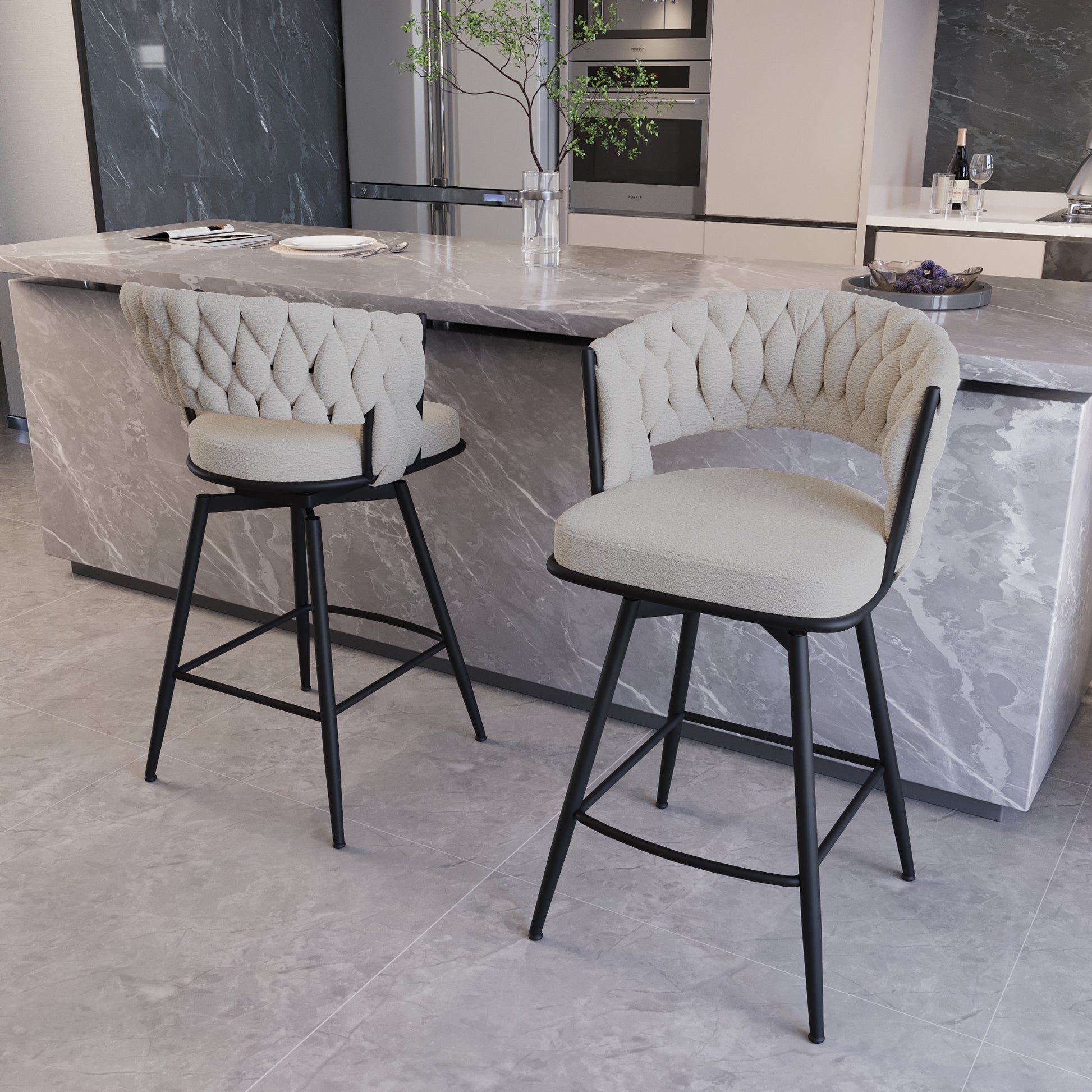 Bar Chair Toweling Woven Bar Stool Set Of 2,Black Legs Barstools No Adjustable Kitchen Island Chairs,360 Swivel Bar Stools Upholstered Counter Stool Arm Chairs With Back Footrest, White Metal White Kitchen Dining Chairs Foam Linen