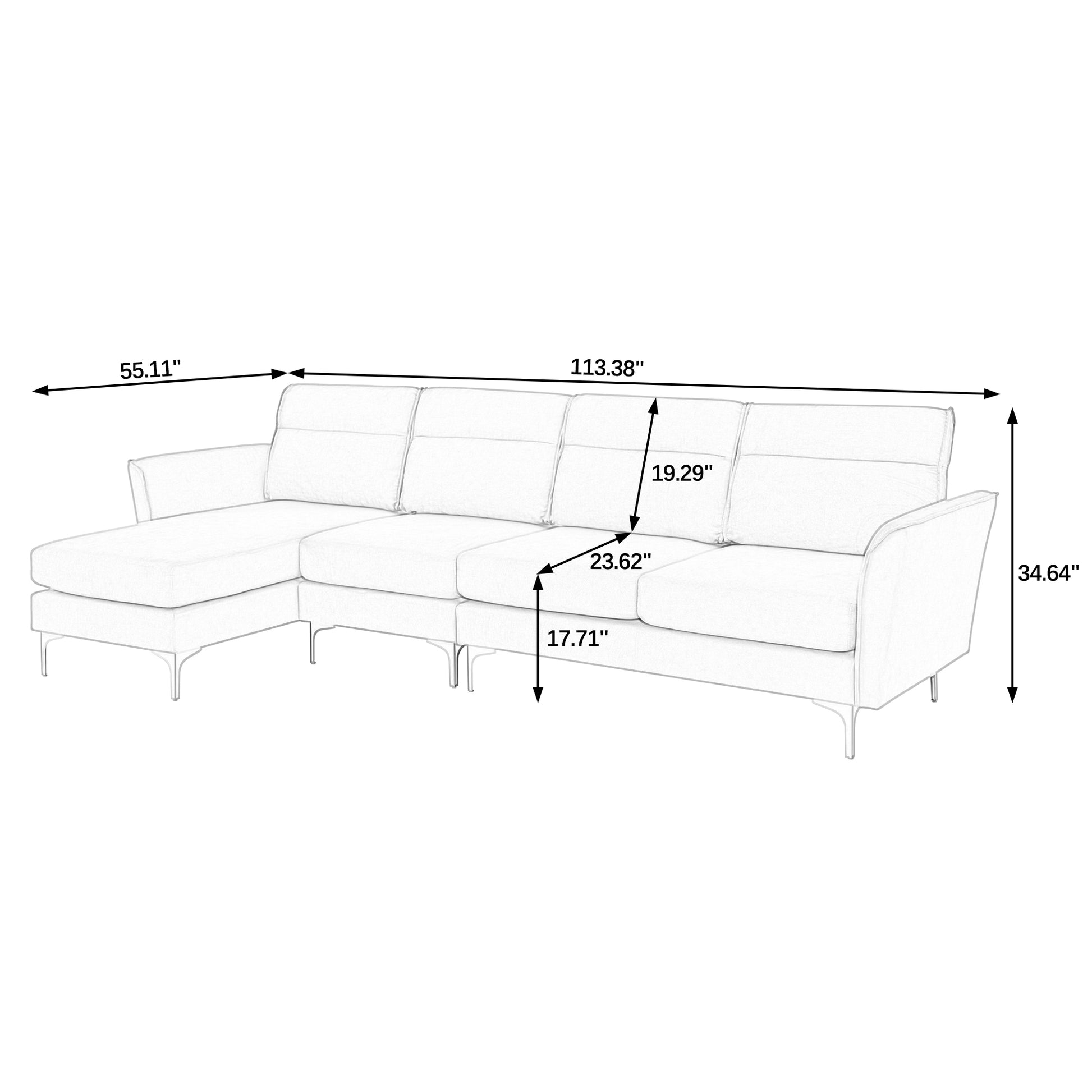 Modern Sofa 3 Seat Couch With Stainless Steel Trim And Metal Legs For Living Room,Black Black Foam 3 Seat