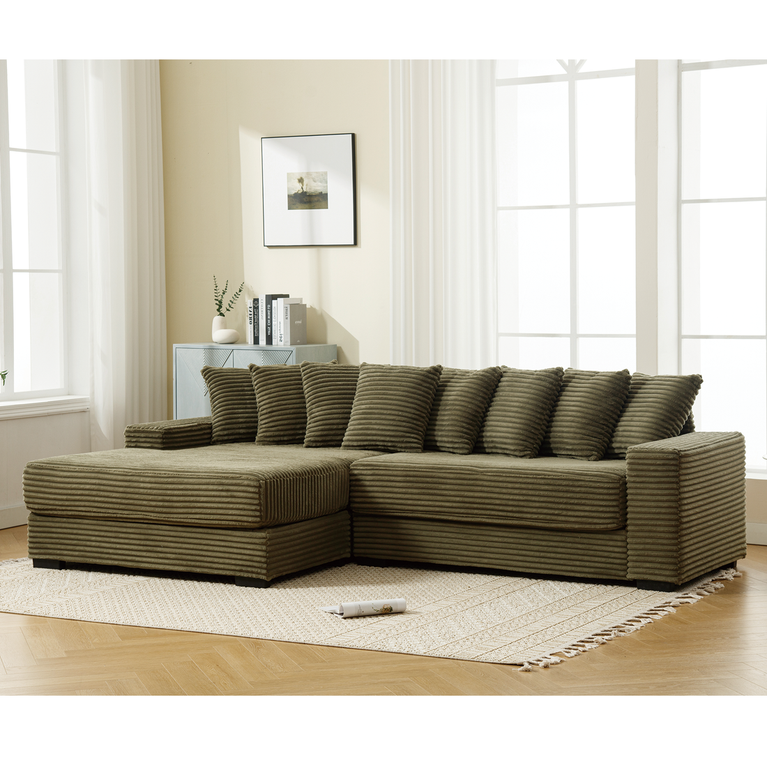 Arrived Oversized Two Piece Couches, L Shaped Sofa, Corduroy, Left Chaise Daybed,With Armrests,Eight Throw Pillows,Corner Sofa,Easy To Assemble, Green Green Polyester Wood Primary Living Space Medium Soft Pillow Back Modern Square Arms Wood 3 Seat