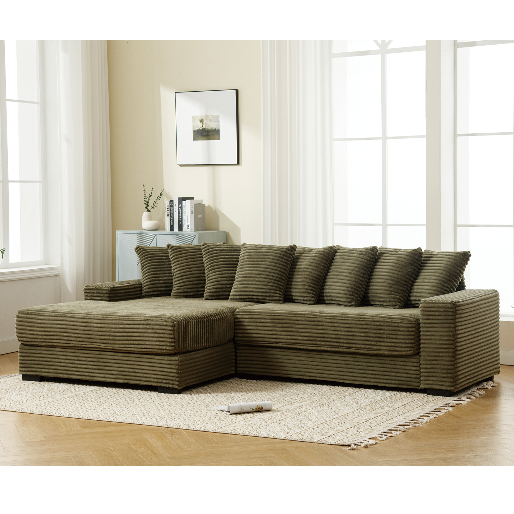 Arrived Oversized Two Piece Couches, L Shaped Sofa, Corduroy, Left Chaise Daybed,With Armrests,Eight Throw Pillows,Corner Sofa,Easy To Assemble, Green Green Polyester Wood Primary Living Space Medium Soft Pillow Back Modern Square Arms Wood 3 Seat