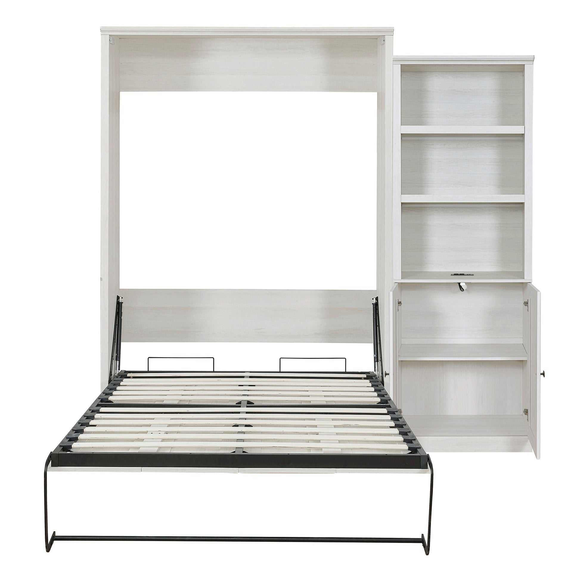 Queen Size Half Self Close And Open Murphy Bed With 1 Side Cabinet Storage Shelf, Cabinet Space Saving Bed Perfect For Guest Room, Bed Room, Guest Room, Home Office, Rustic White Box Spring Not Required Queen Rustic White Wood White Pine Murphy Solid