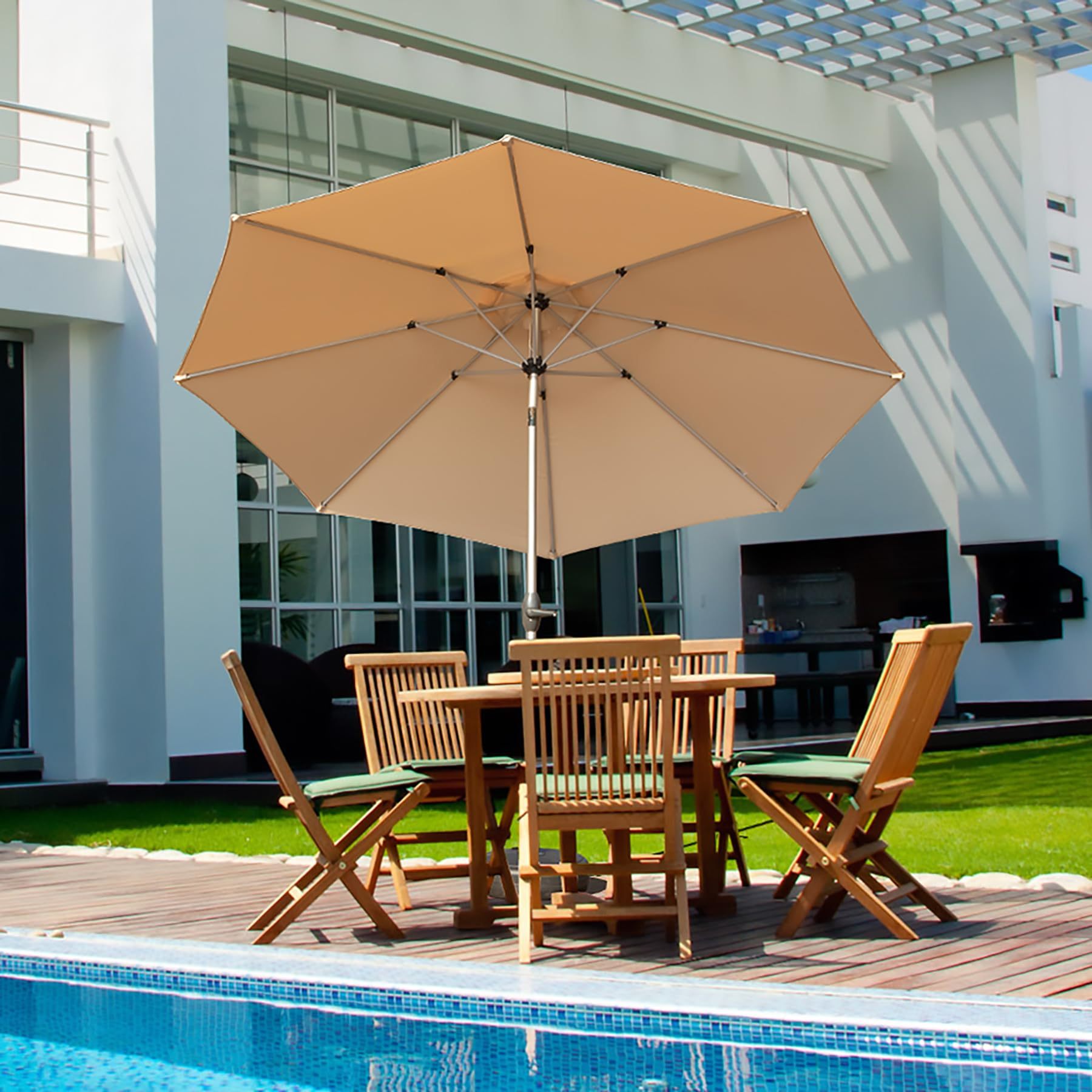 10Ft Patio Umbrella, Outdoor Table Umbrella With Push Button Tilt And Crank, Uv Protection Waterproof Market Sun Umbrella With 8 Sturdy Ribs For Garden, Deck, Backyard, Pool Beige Beige Round Uv Resistant Umbrellas Aluminium