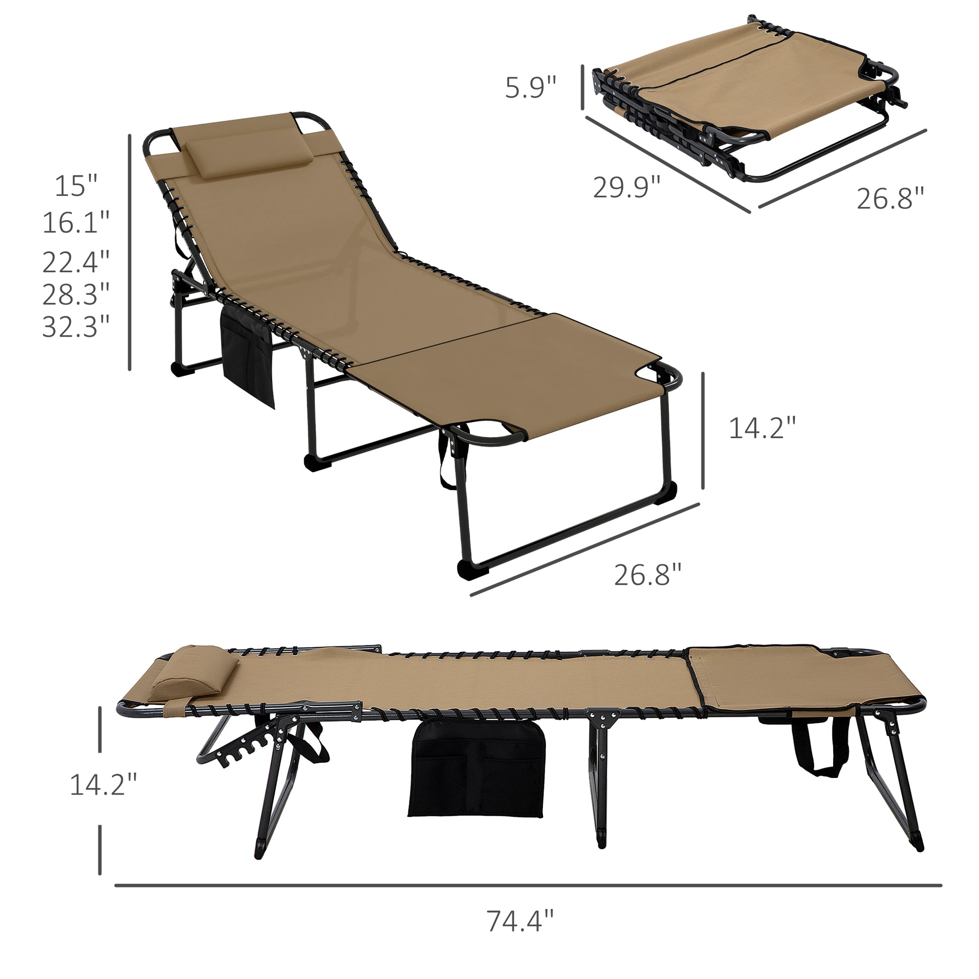 Outsunny 2 Piece Folding Chaise Lounge With 5 Level Reclining Back, Outdoor Tanning Chair With Reading Face Hole, Outdoor Lounge Chair With Side Pocket & Headrest For Beach, Yard, Patio, Beige Beige Steel