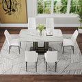 Modern Dining Table Set, 7 Piece Faux Marble Kitchen Table For 6 8, Glass Rectangular Dining Room Table With U Shaped Table Legs, Dining Table & 6 Chairs Metal White Rectangular Mdf Glass