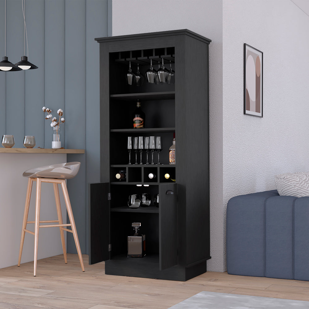 Lafayette Bar Cabinet With 4 Bottle Rack, Upper Glass Holder And Dual Door Design Black Primary Living Space Modern Shelves Included Particle Board