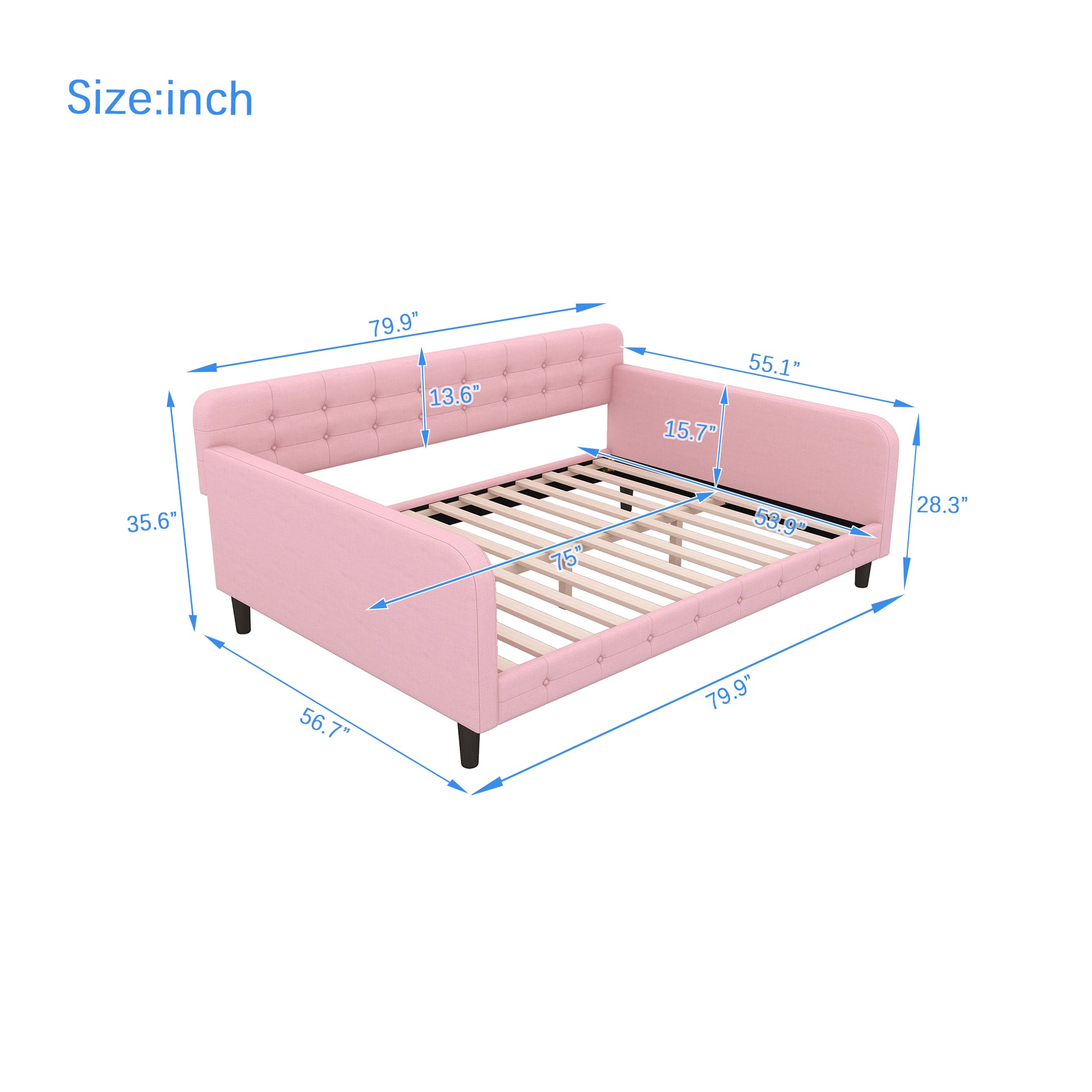 Full Size Upholstered Tufted Daybed With 4 Support Legs, Pink Box Spring Not Required Full Pink Wood Bedroom Daybeds Linen Upholstered
