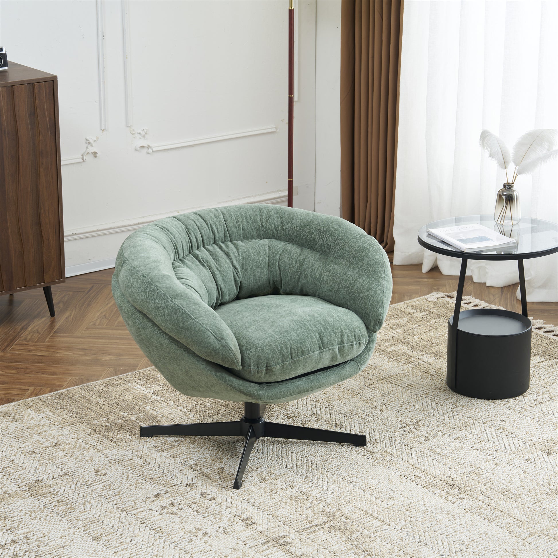 Comfy Chenille Upholstered 360 Swivel Club Chair Accent Chair With Removable Cushion, Round Office Chair With Black Metal Base, Cotton Material, Living Room, Bedroom, Reading Corner, Office Green