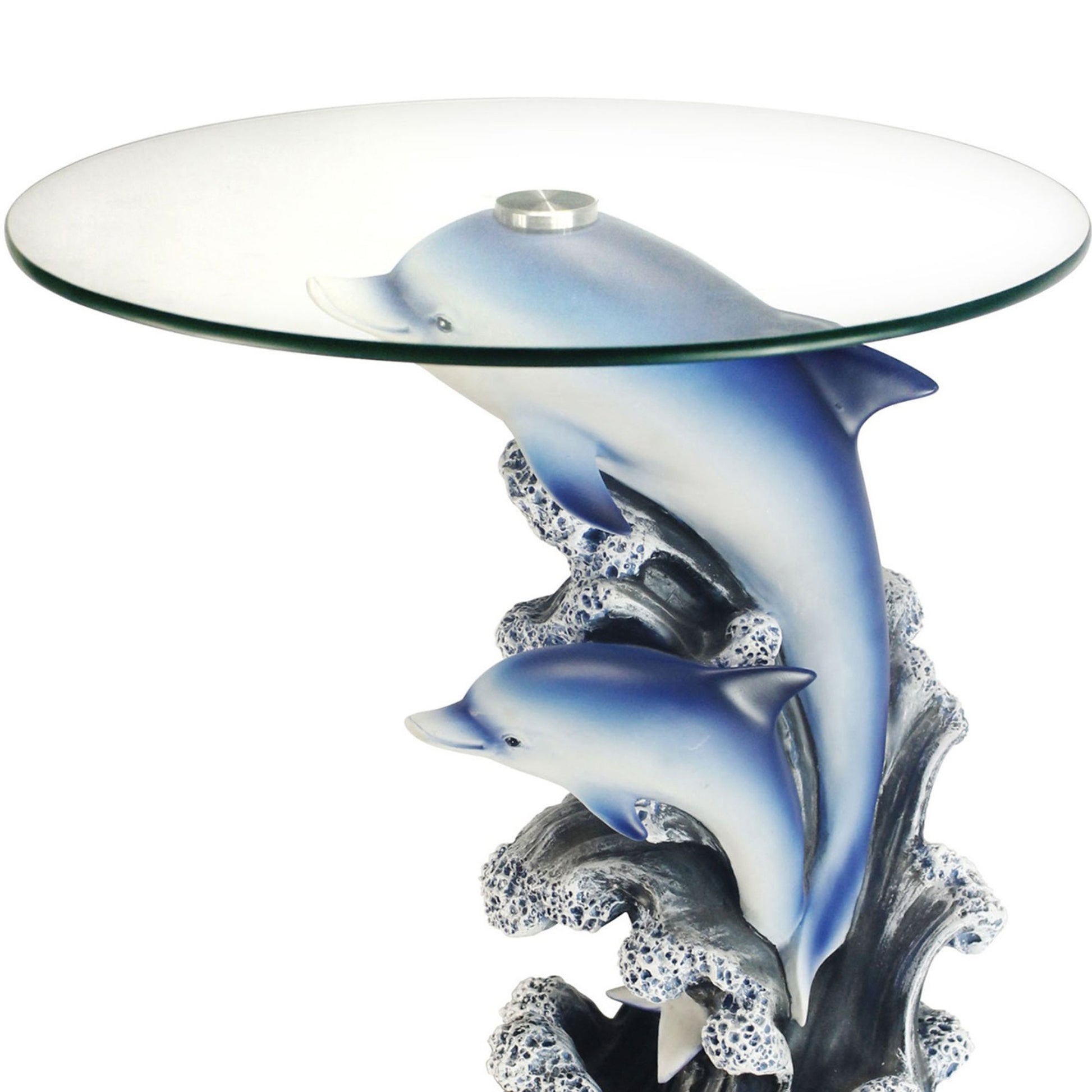24" Tall Glass Top End Table, Polyresin Dolphin Base Multicolor Polyresin