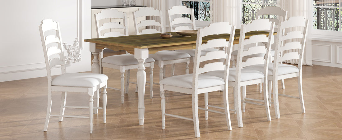 Vintage Traditional 9 Piece 82.7Inch Extendable Dining Table Set With 23.6Inch Removable Leaf And 8 Upholstered Dining Chairs For 8, Brown Cream Wood Dining Room Distressed Finish Rubberwood Rectangular Dining Table With Bench Wood Wood Cream Brown Seats