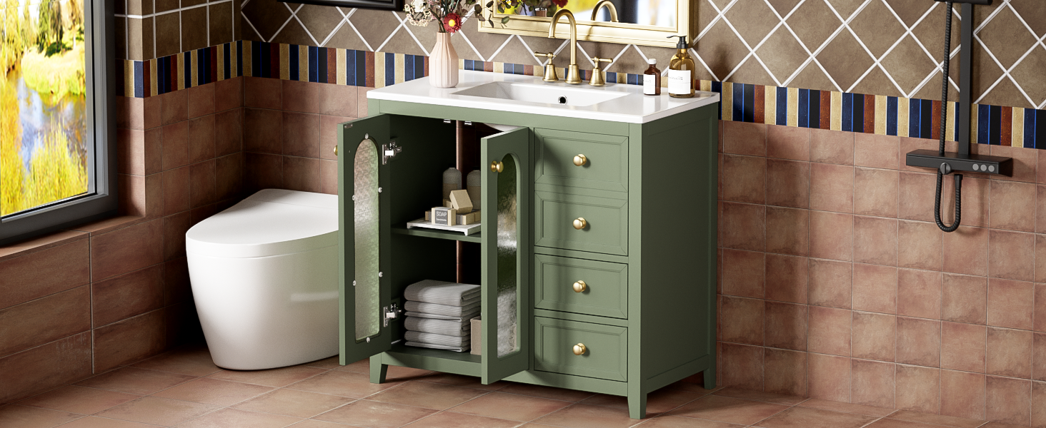 36 Inch Bathroom Vanity With Two Soft Close Doors, Adjustable Shelves And Three Soft Close Drawers Green Bathroom Solid Wood Mdf