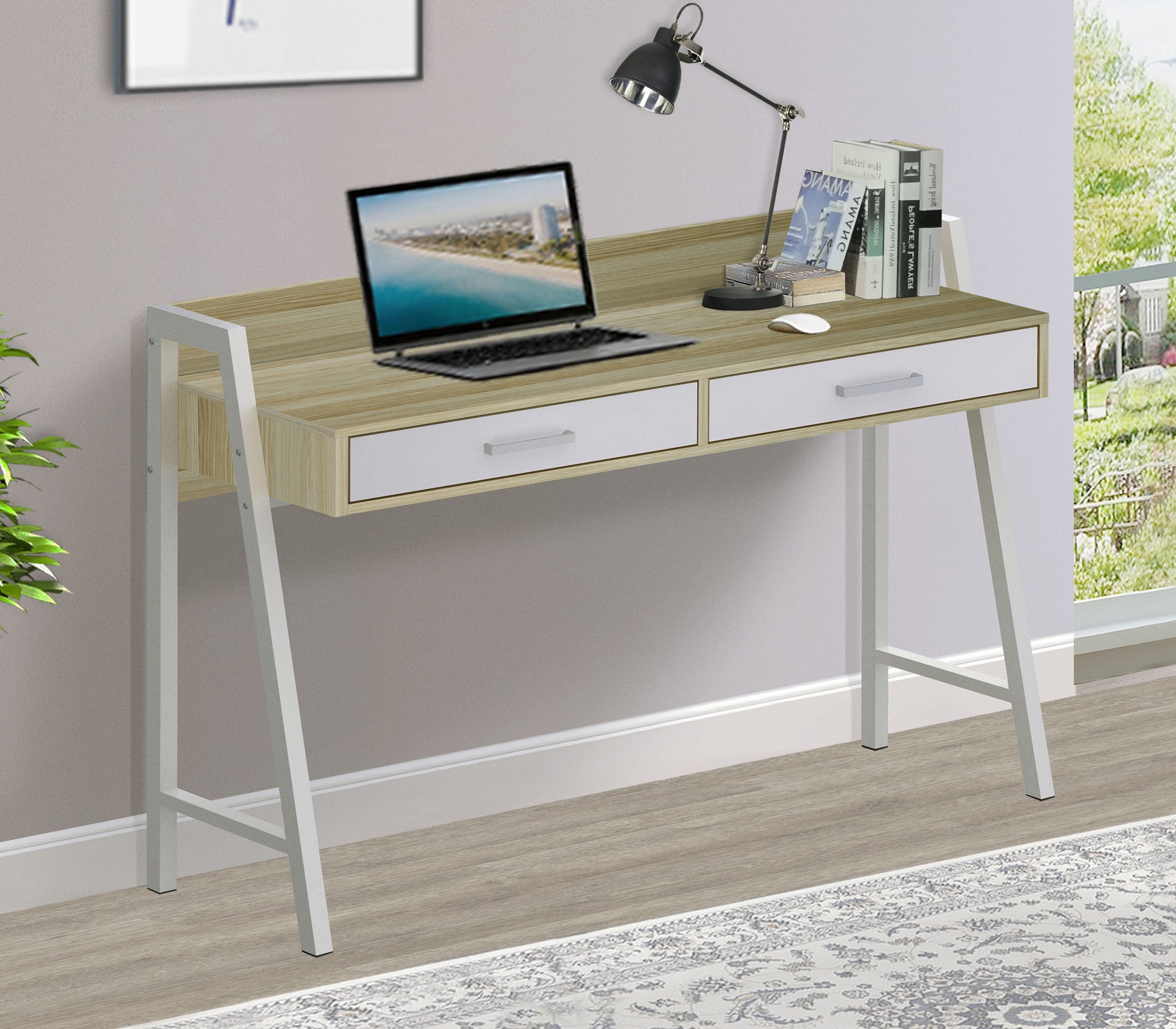 "47"" Writing Desk With 2Drawers""Sleek Two Tone Writing Desk Nature And White Finish, Ideal For Home Office And Study Spaces, With Cable Management System And Sturdy Metal Frame" Multicolor Solid Wood