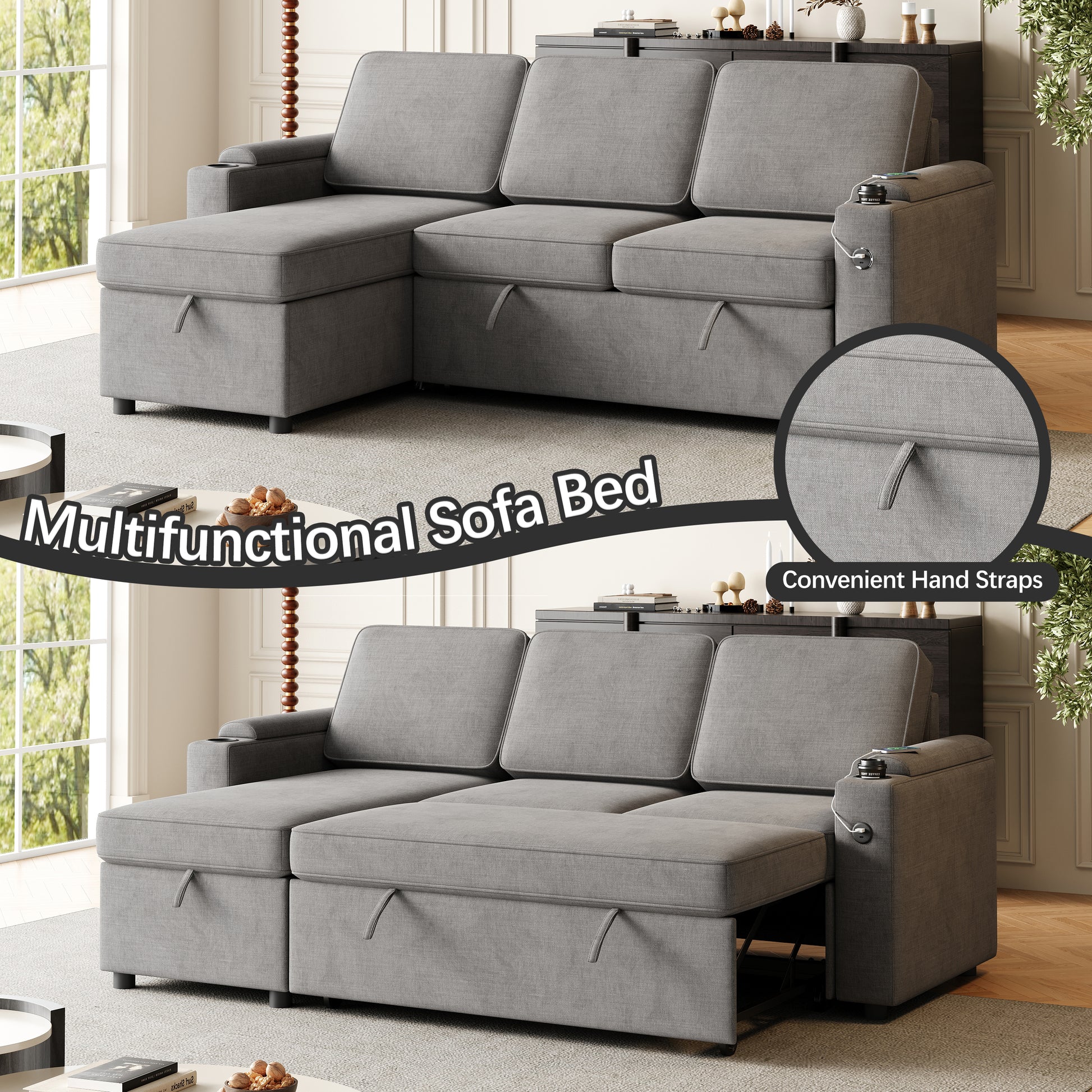 Mh85.8" Sleeper Sofa, Sofa Bed 2 In 1 Pull Out Sofa Bed With Storage Sofa, Sofa Sleeper With Pull Out Bed With Charging Port Dark Grey Polyester Primary Living Space Eucalyptus Polyester Fabric 3