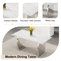 Modern Rectangular Dining Table, 0.4 Inch White Patterned Top, Silver Legs, Suitable For Kitchen, Dining Room, Living Room 63 Inches * 31.4 Inches * 30 Inches White Silver Sintered Stone