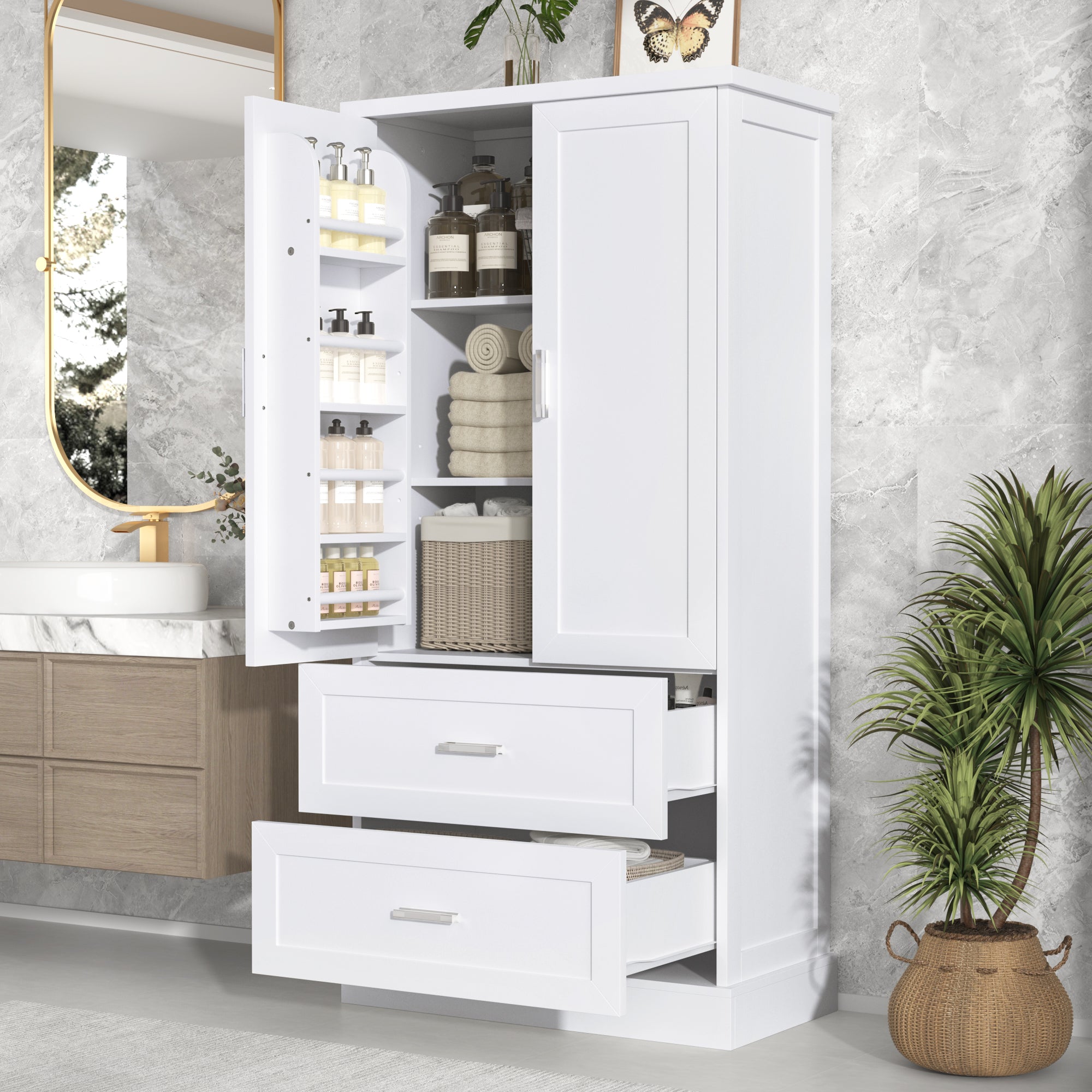 Tall Bathroom Storage Cabinet, Cabinet With Two Doors And Drawers, Adjustable Shelf, Mdf Board, White White Mdf